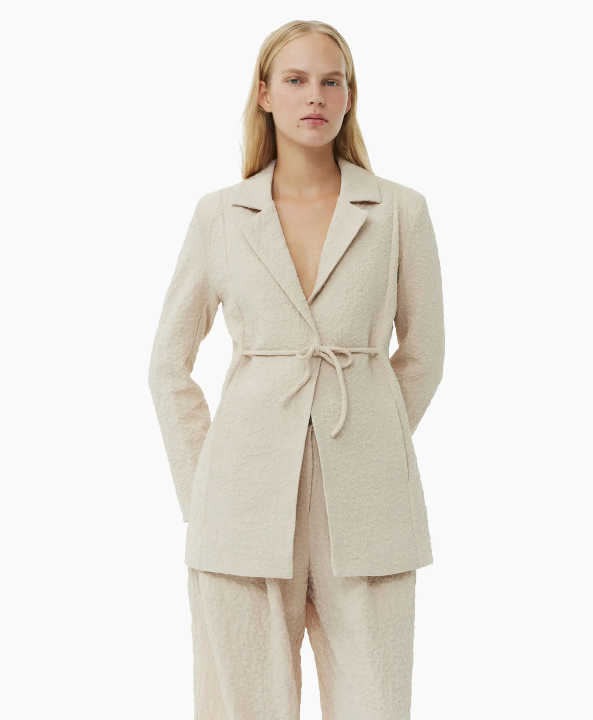 Ganni Blazer Textured Suiting Tiestring Beige