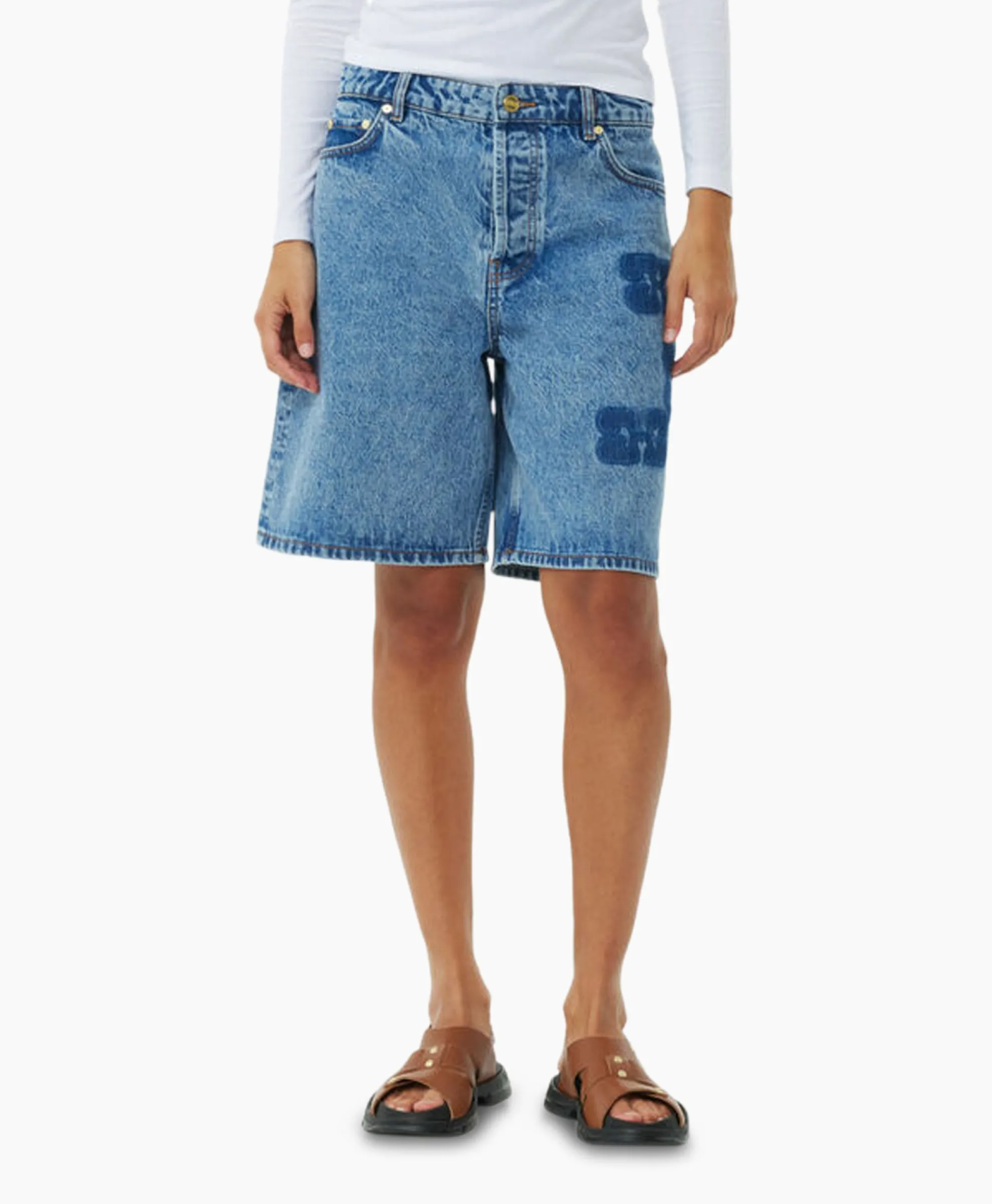 Ganni Korte Broek Patch Denim Blauw