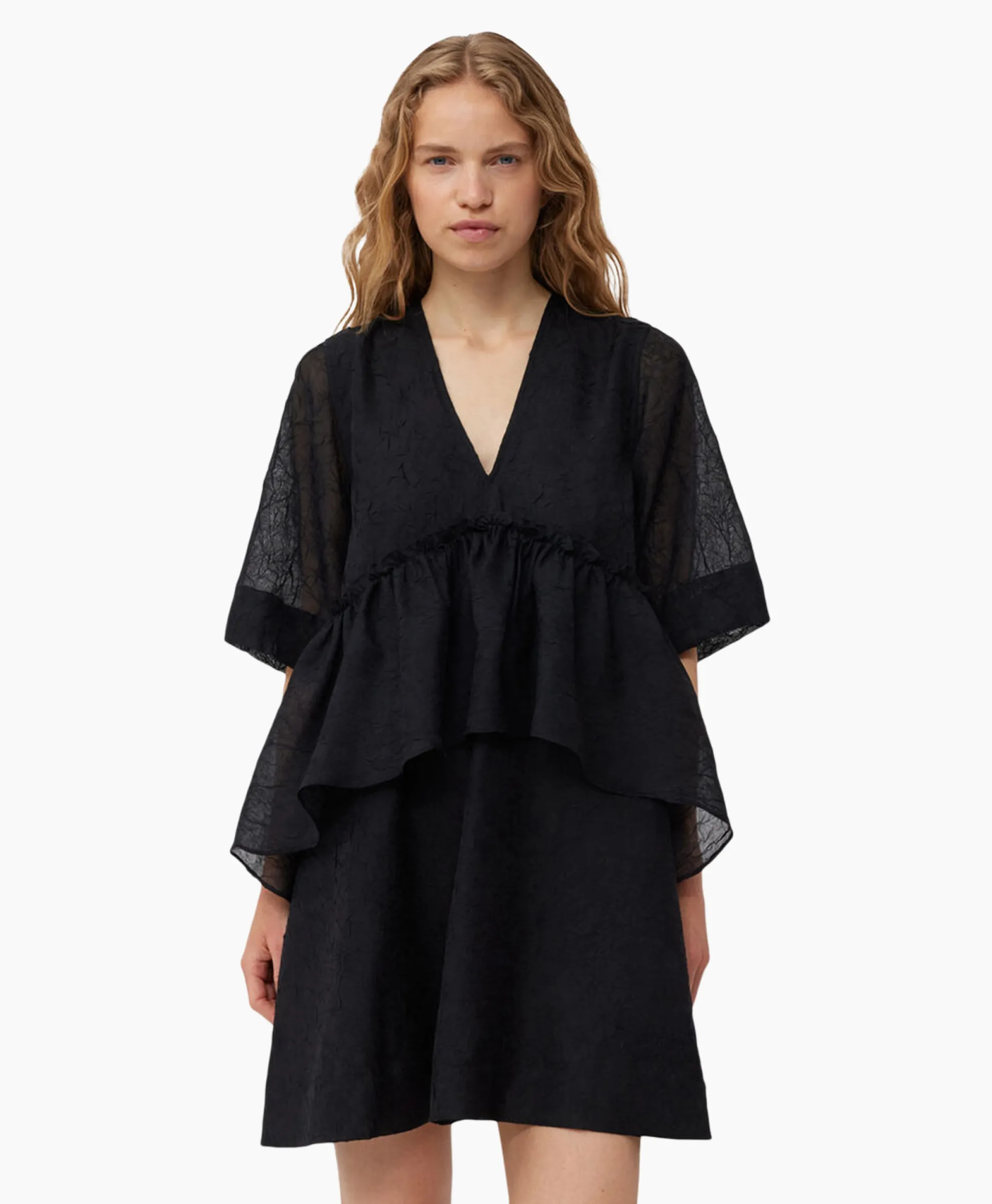 Ganni Mini Jurk Crinkled Georgette Flounce Zwart