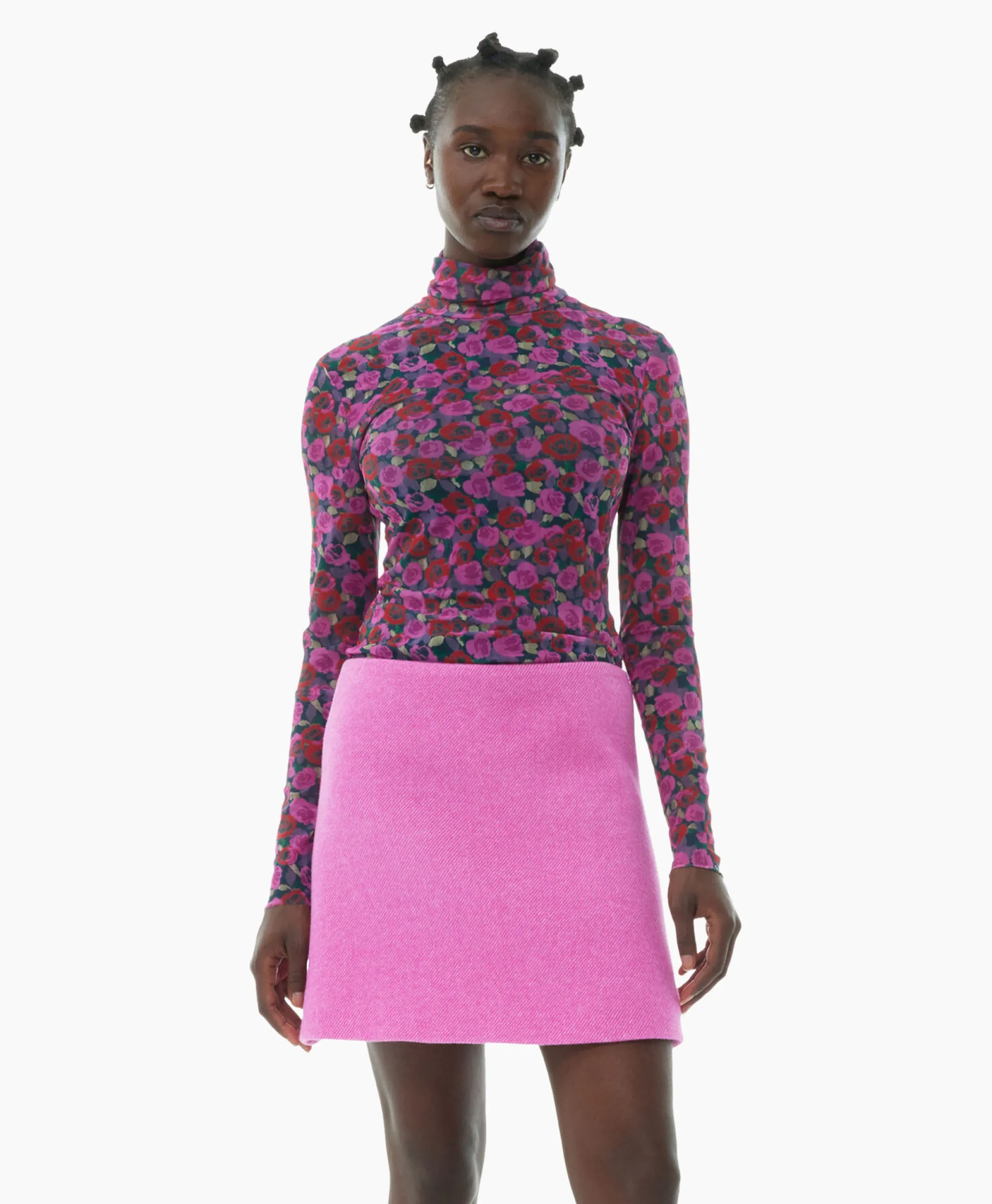 Ganni Top Printed Mesh Long Sleeve Roze