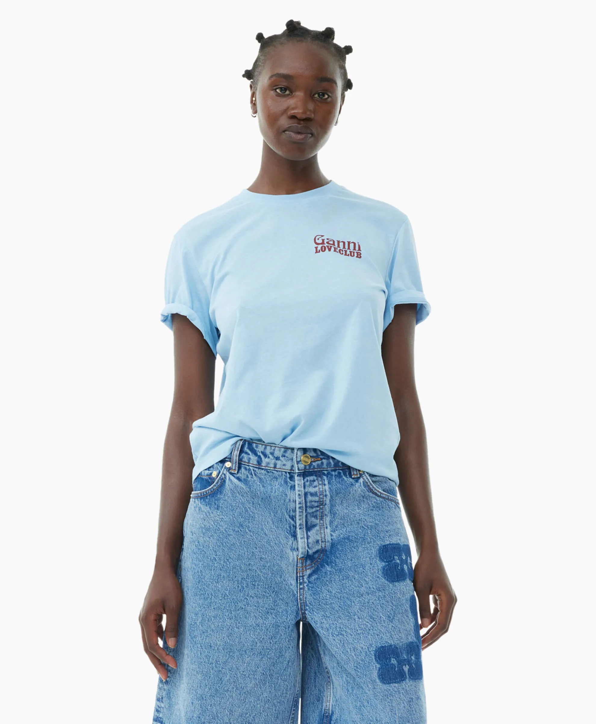 Ganni T-Shirt Korte Mouw Thin Jersey Loveclub Relaxed Licht Blauw