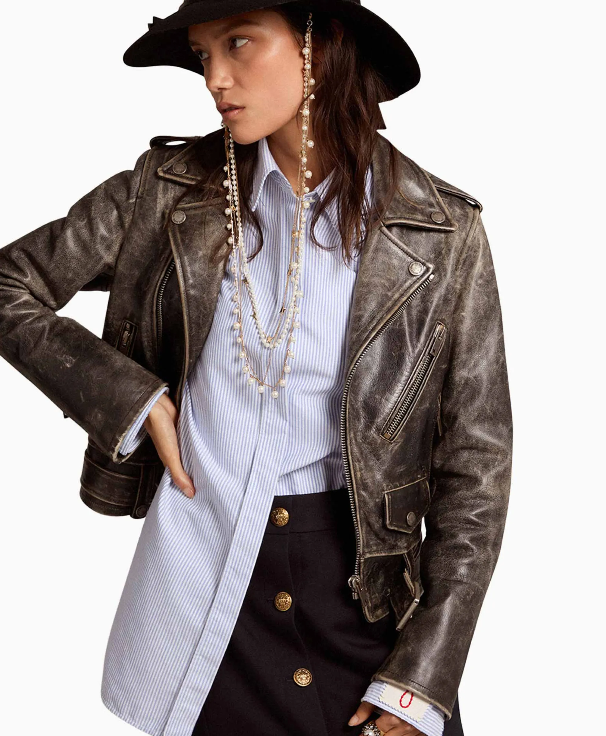 Golden Goose Leren Jas Golden W's Chiodo Distressed Bull Leathe Zwart