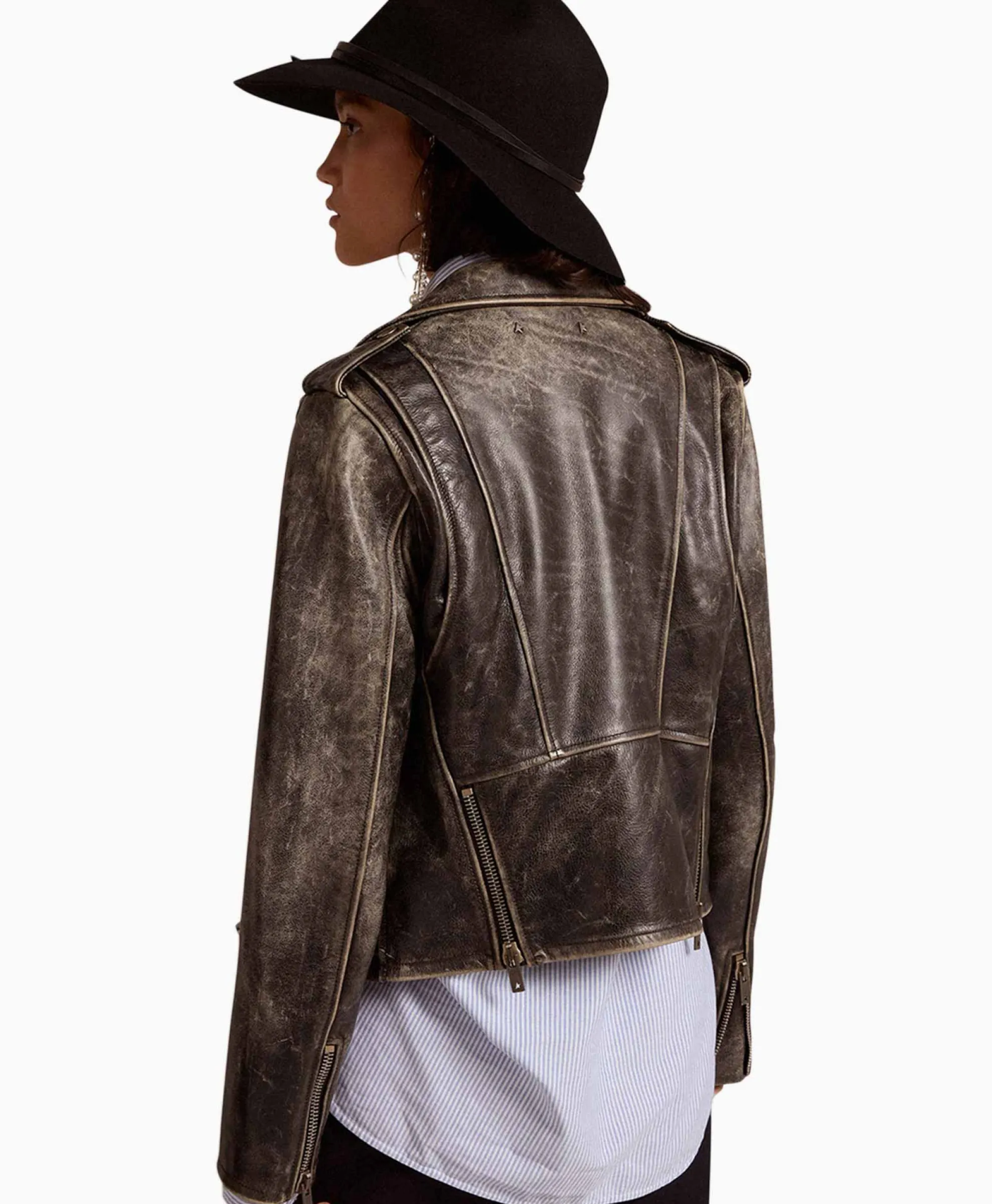 Golden Goose Leren Jas Golden W's Chiodo Distressed Bull Leathe Zwart