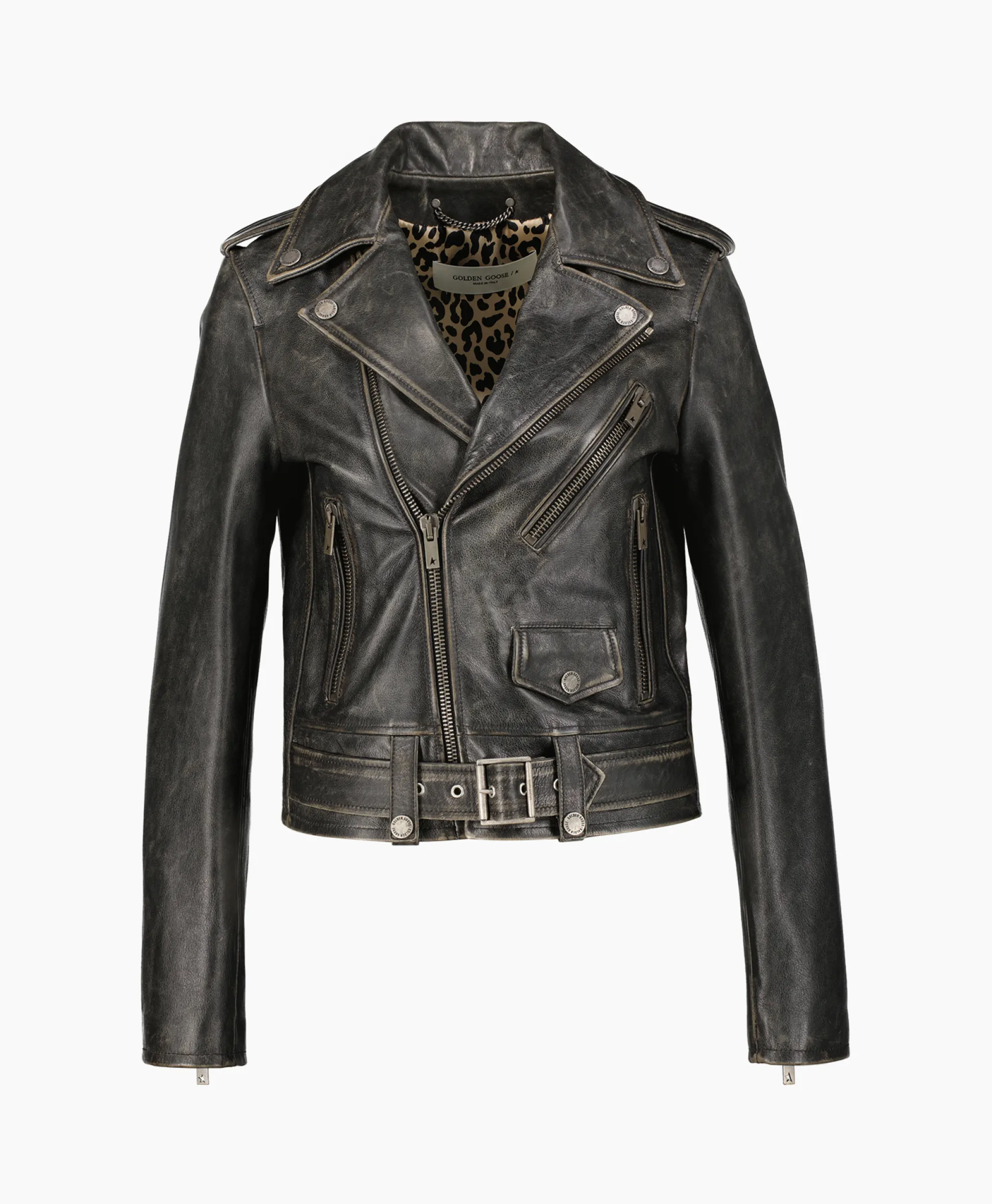 Golden Goose Leren Jas Golden W's Chiodo Distressed Bull Leathe Zwart